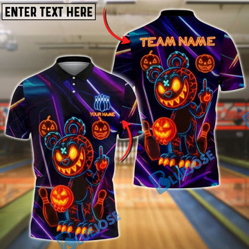 BlueJose Bowling And Pins Halloween Bear Pumpkin Neon Glow Customized Name, Team Name 3D Shirt (4 Colors)