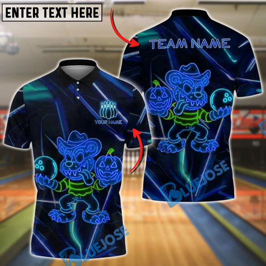 BlueJose Bowling And Pins Monster Bear Pumpkin Neon Glow Customized Name, Team Name 3D Shirt (4 Colors)
