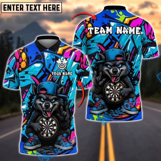 BlueJose Darts Cartoon Wolf Graffiti Customized Name, Team Name 3D Shirt (4 Colors)