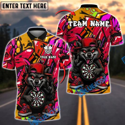BlueJose Darts Cartoon Wolf Graffiti Customized Name, Team Name 3D Shirt (4 Colors)