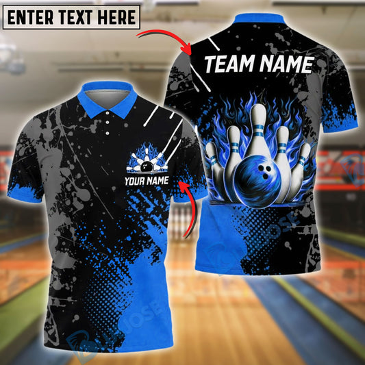 BlueJose Bowling Flame Ball & Pin Splash Design Customized Name, Team Name 3D Shirt (4 Colors)