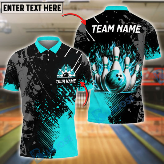 BlueJose Bowling Flame Ball & Pin Splash Design Customized Name, Team Name 3D Shirt (4 Colors)