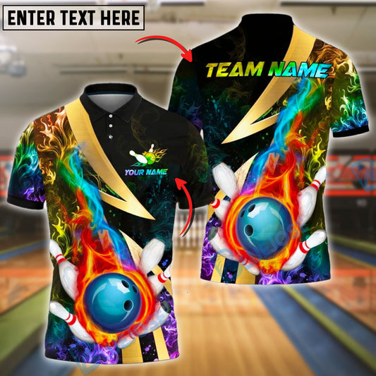 BlueJose Bowling And Pins Colorful Flame Strike Explosion Customized Name, Team Name 3D Shirt (4 Colors)