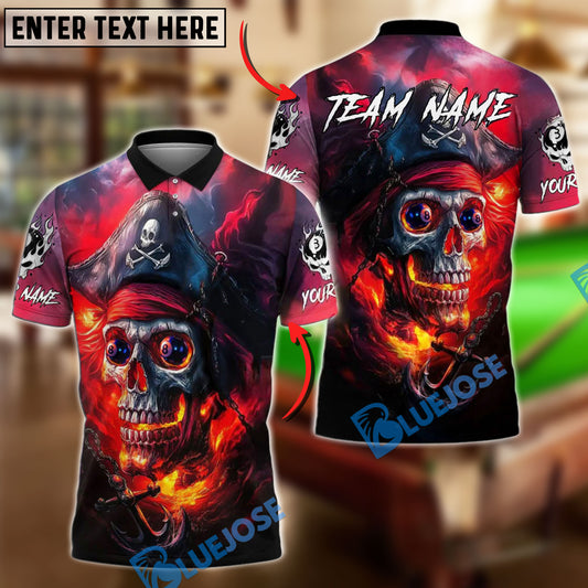 BlueJose Billiards 8 Ball Pirate Skull Flame Personalized Name, Team Name Unisex Shirt (4 Colors)