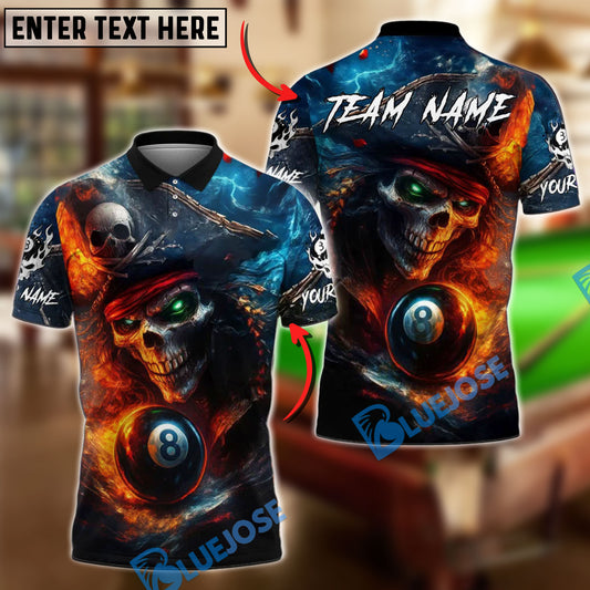 BlueJose Billiards 8 Ball Pirate Skull Ocean Personalized Name, Team Name Unisex Shirt (4 Colors)