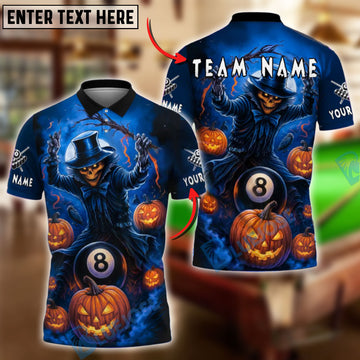 BlueJose Billiards 8-Ball Halloween Pumpkin Scarecrow Personalized Name, Team Name Unisex Shirt (4 Colors)