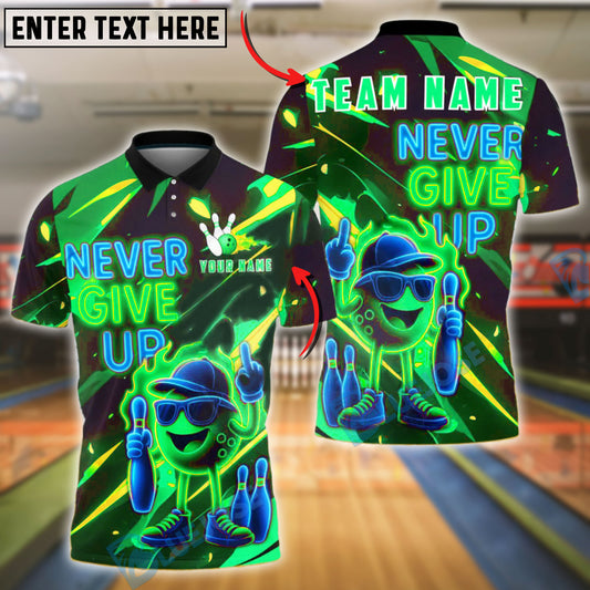 BlueJose Bowling Neon Cartoon Ball Never Give Up Customized Name, Team Name 3D Shirt (4 Colors)