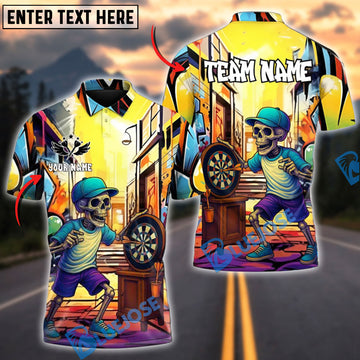 BlueJose Darts Urban Skeleton Dartboard Personalized Name, Team Name Shirt (4 Colors)