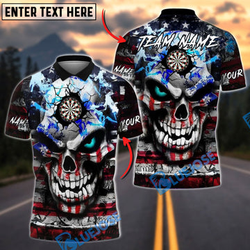 BlueJose Darts American Flag Skull Cracked Style Personalized Name Shirt