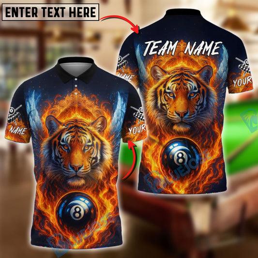 BlueJose Billiards 8 Ball Wings Fiery Tiger Personalized Name, Team Name Unisex Shirt (4 Colors)