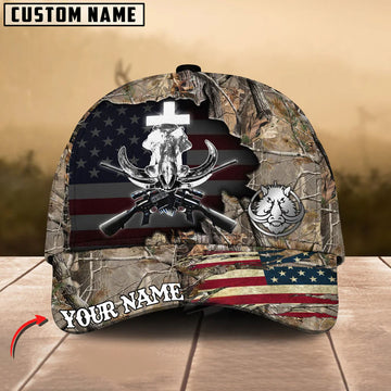 BlueJose Boar Hunting Cross Antler Skull & Rifles USA Flag Design Customized Name 3D Classic Cap