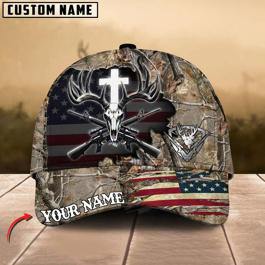 BlueJose Deer Hunting Cross Antler Skull & Rifles USA Flag Design Customized Name 3D Classic Cap