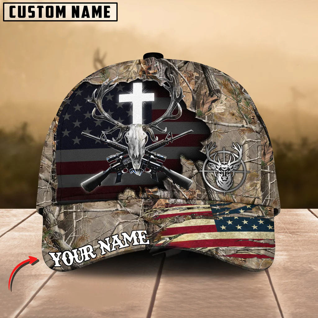 BlueJose Elk Hunting Cross Antler Skull &amp; Rifles USA Flag Design Customized Name 3D Classic Cap