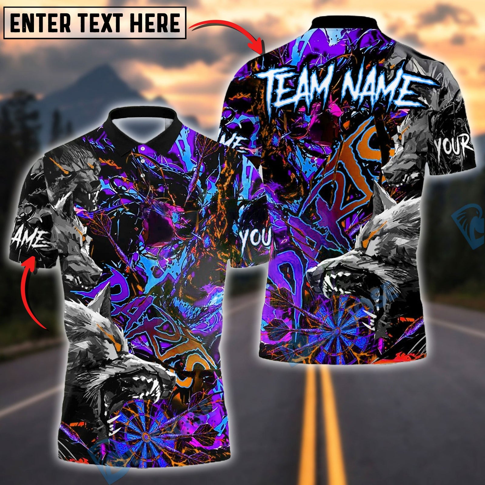BlueJose Darts Wolf Design Dark Graffiti Style Customized Name, Team Name 3D Shirt (4 Colors)