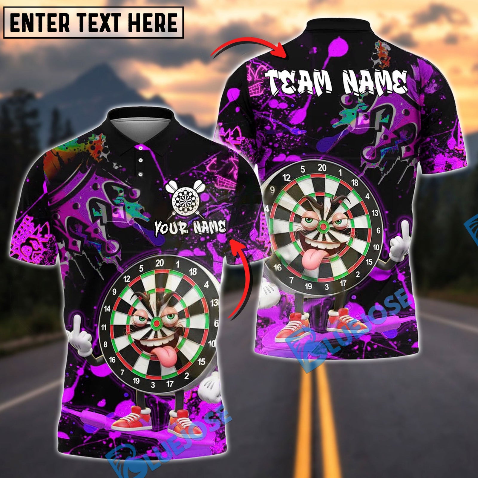 BlueJose Darts Dartboard Graffiti Cartoon Style Customized Name, Team Name 3D Shirt (4 Colors)