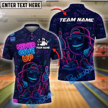BlueJose Neon Bowling Shirt - Never Give Up Customized Name, Team Name 3D Shirt (4 Colors)