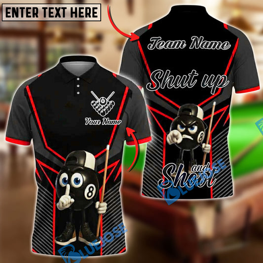 BlueJose Billiards 8-Ball Pool Shut Up and Shoot Black Personalized Name, Team Name Unisex Shirt (4 Colors)