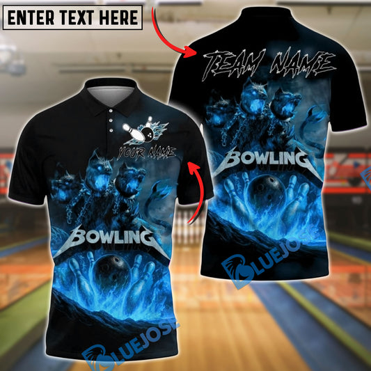 BlueJose Bowling And Pins Fire Cerberus Hell Flames Customized Name, Team Name 3D Shirt (4 Colors)