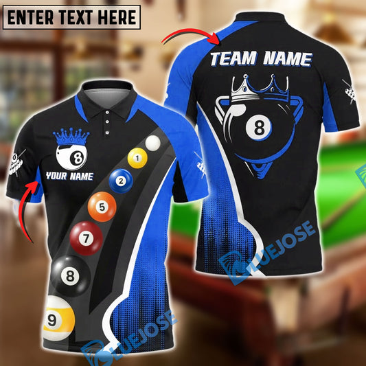 BlueJose Billiards 8-Ball Black Crown Design Personalized Name Shirt (4 Colors)