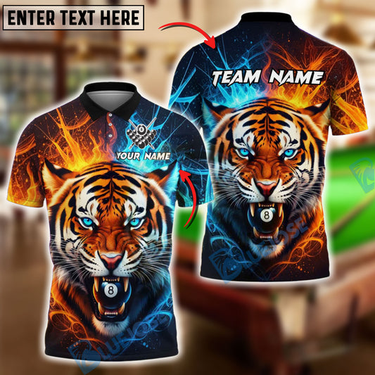 BlueJose Billiards Ball 8 Pool Tiger Fire Red & Blue Personalized Name, Team Name Unisex Shirt