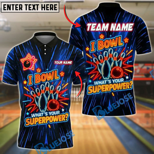 BlueJose Bowling And Pins Neon Superpower Funny Quote Customized Name 3D Shirt (4 Colors)