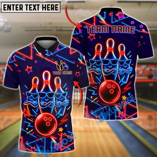 BlueJose Bowling Neon Glow Pin & Ball Style Customized Name, Team Name 3D Shirt (4 Colors)