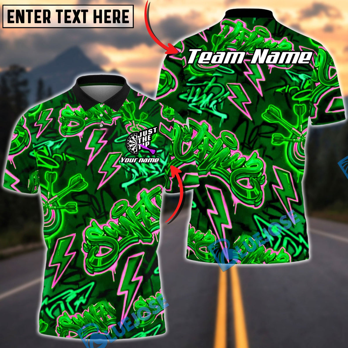BlueJose Darts Graffiti Neon Lightning Style Multicolor Options Personalized Name Shirt (4 Colors)