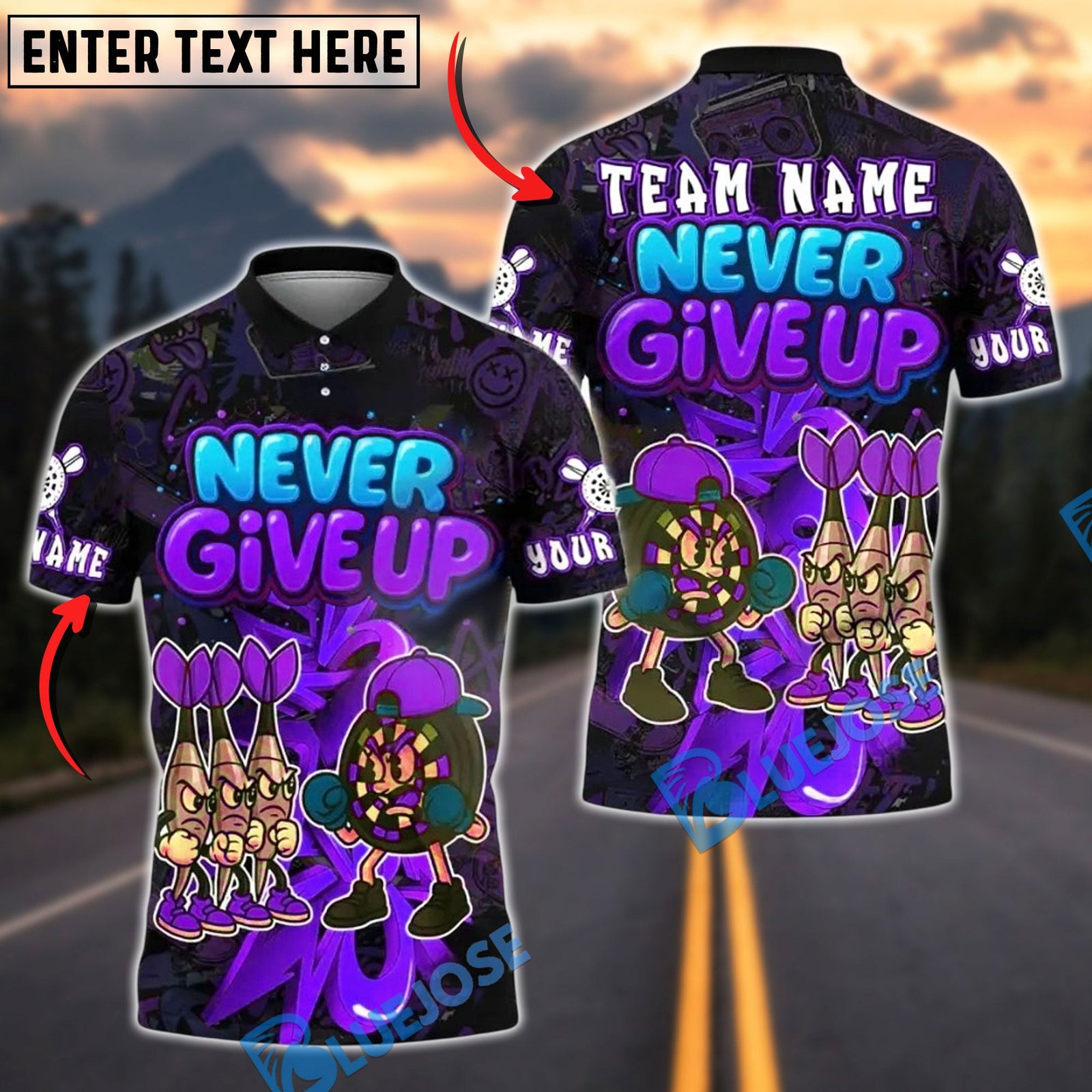 BlueJose Darts Never Give Up Graffiti Style Personalized Name, Team Name Unisex Shirt (4 Colors)