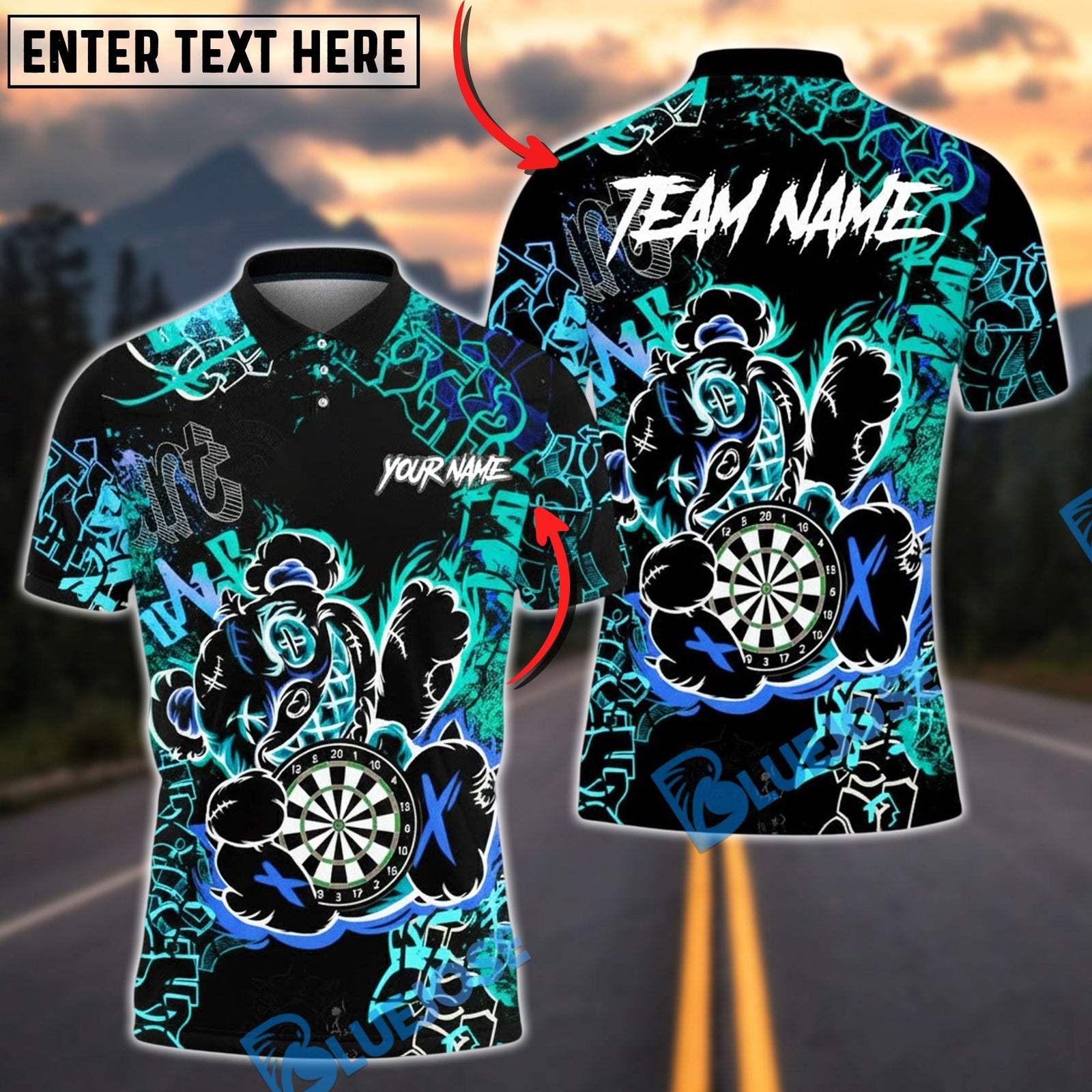 BlueJose Darts Graffiti Bear Dartboard Neon Splash Multicolor Options Personalized Name Shirt (4 Colors)