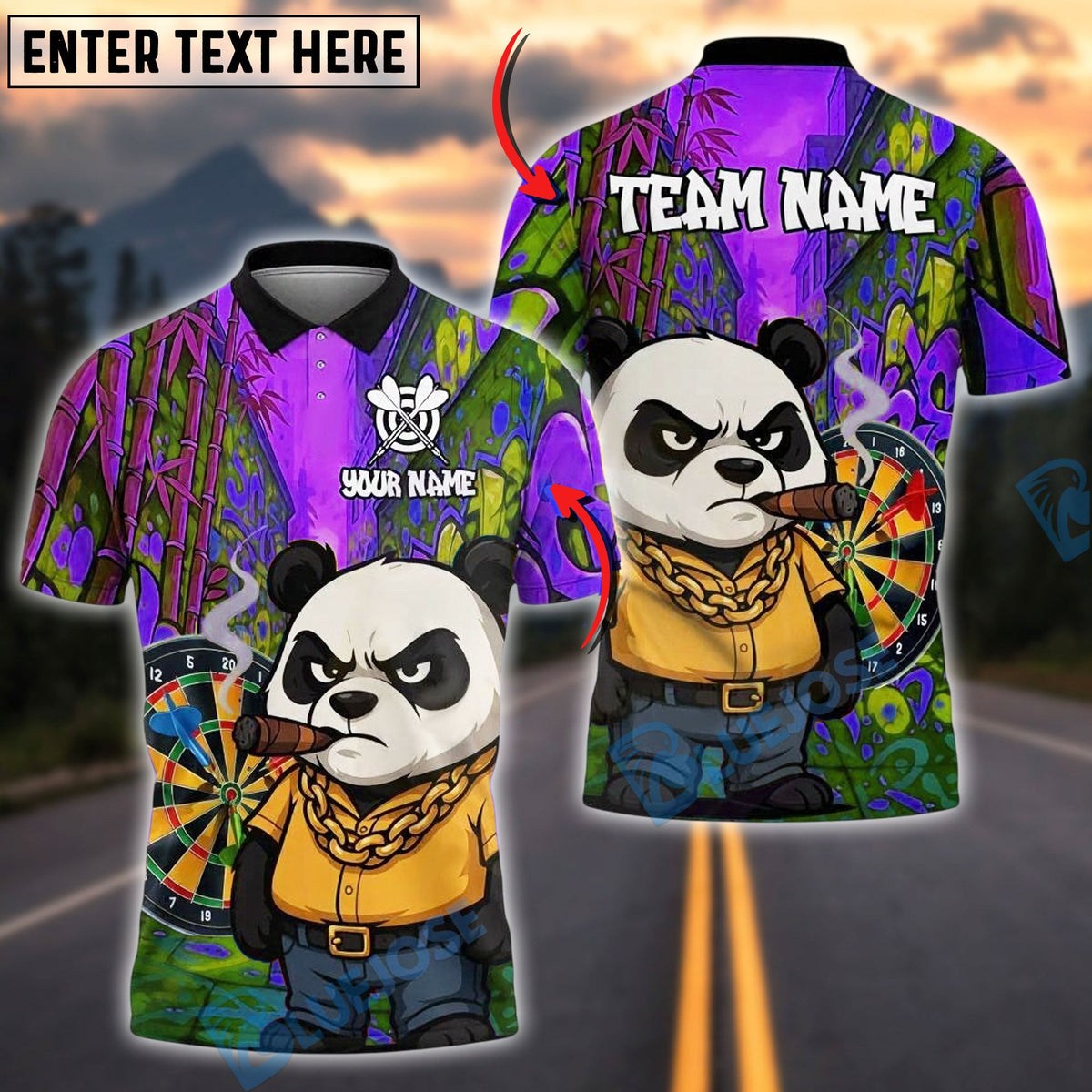 BlueJose Darts Fear The Panda Graffiti Style Personalized Name, Team Name Unisex Shirt (4 Colors)