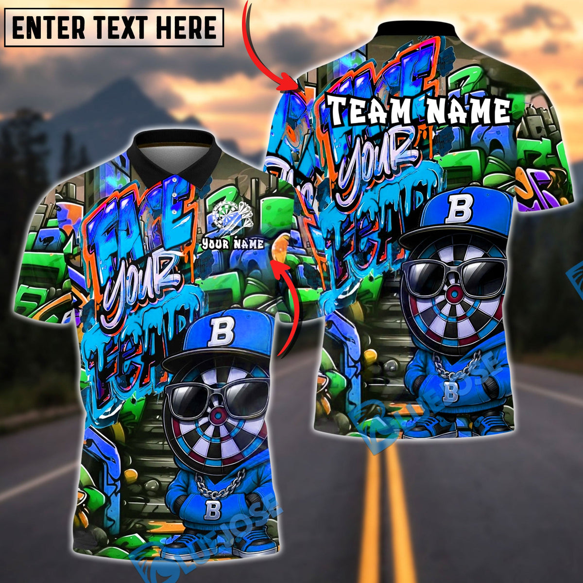 BlueJose Darts Dartboard Graffiti Street Art Character Face Your Fear Multicolor Options Personalized Name Shirt (4 Colors)