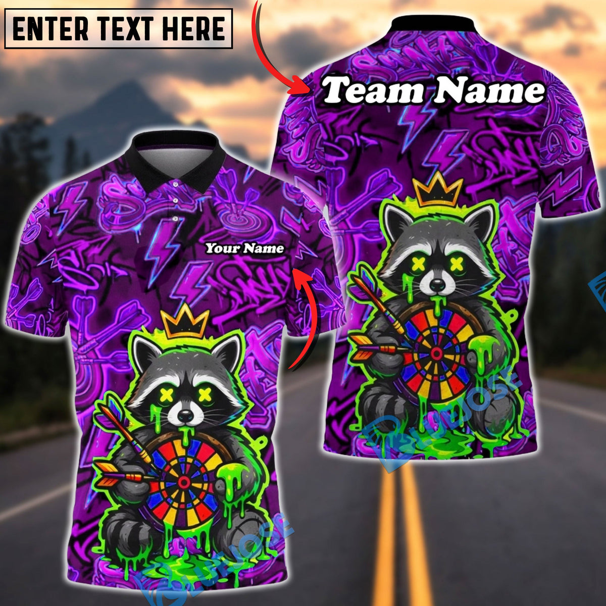 BlueJose Darts Raccoon Neon Graffiti Dartboard Multicolor Options Personalized Name Shirt (4 Colors)