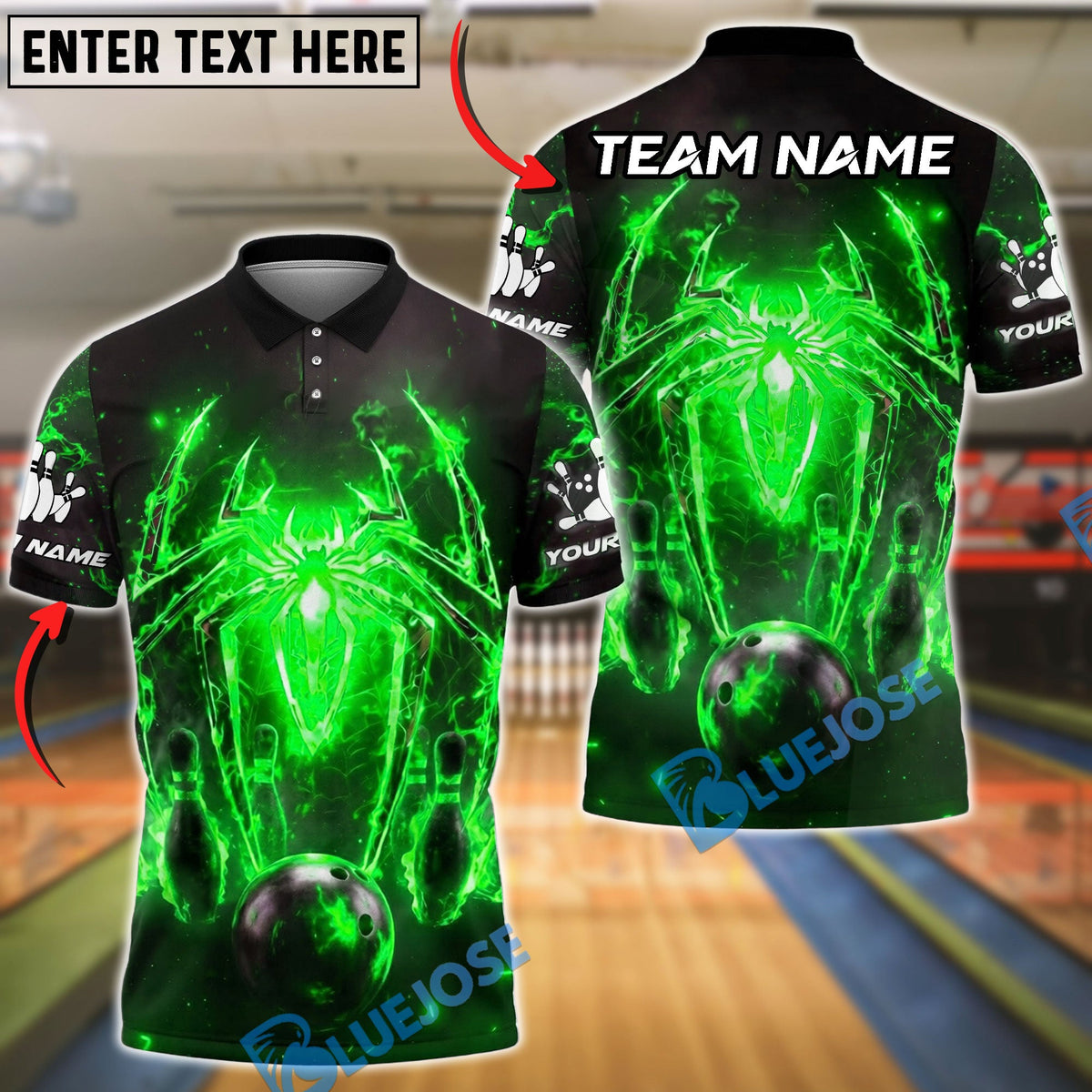 BlueJose Bowling And Pins Spider Flame Customized Name, Team Name 3D Shirt (4 Colors)