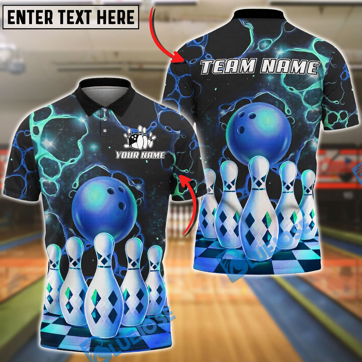 BlueJose Bowling And Pins Galaxy Neon Ball and Pins Customized Name, Team Name 3D Shirt (4 Colors)