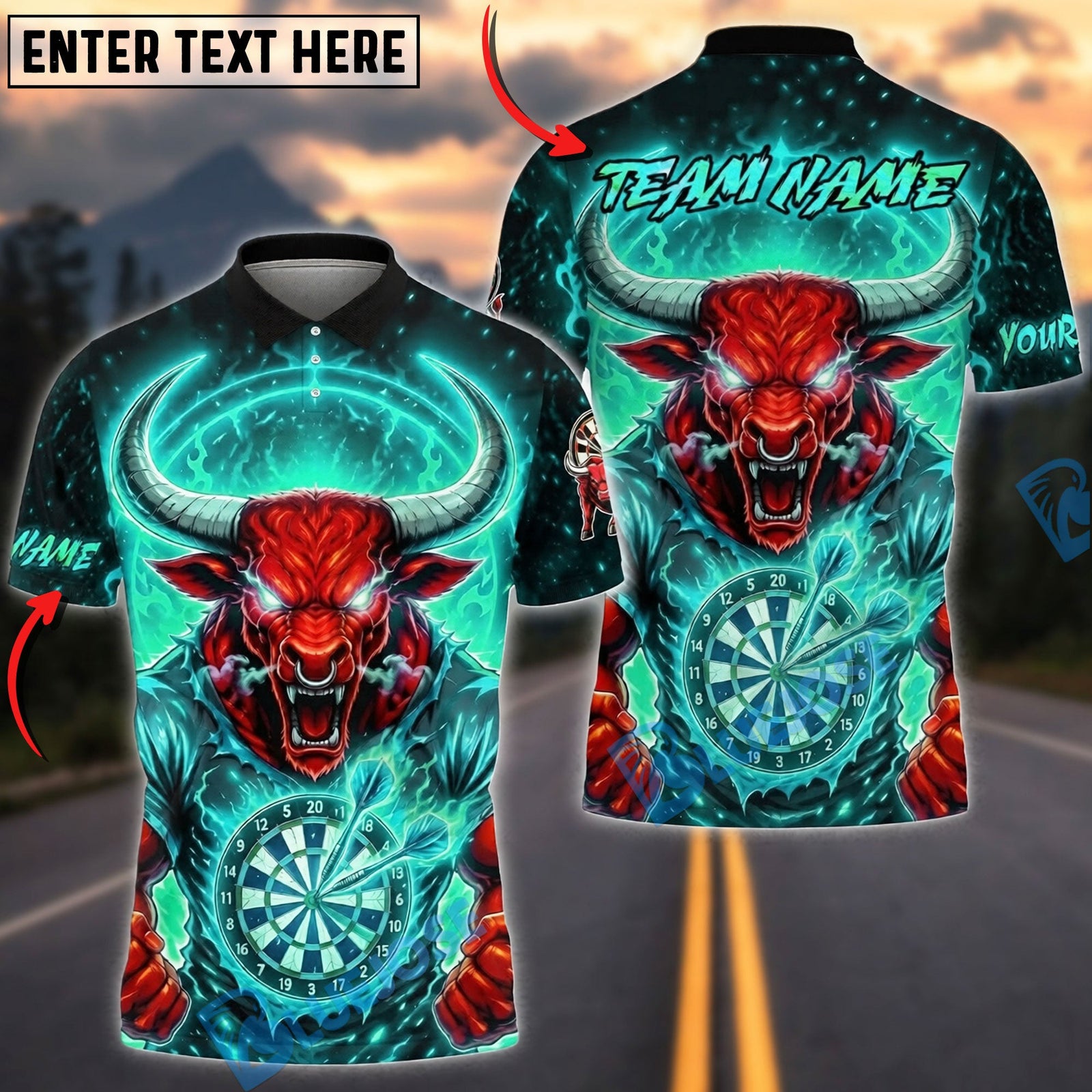 BlueJose Darts Red Bull Demon Personalized Name, Team Name Unisex Shirt (4 Colors)