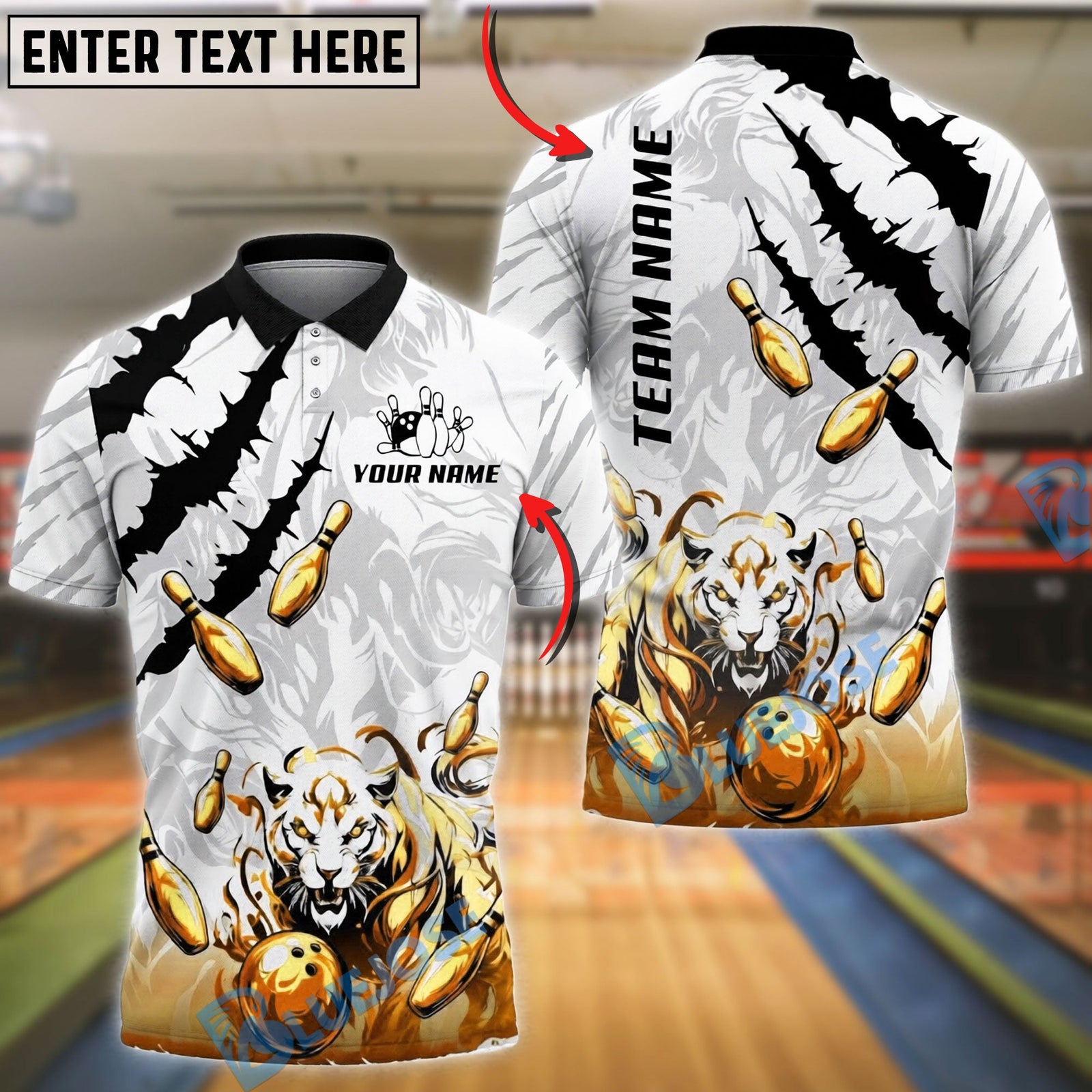 BlueJose Bowling And Pins Tiger Spirit Strike Customized Name, Team Name 3D Shirt (6 Colors)
