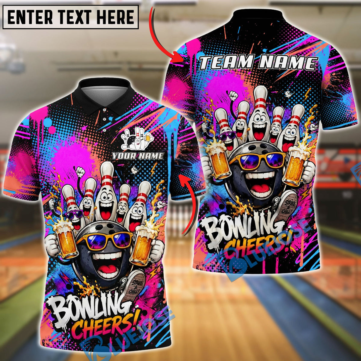 BlueJose Bowling Beer Cheers Party Customized Name, Team Name 3D Shirt (2 Colors)
