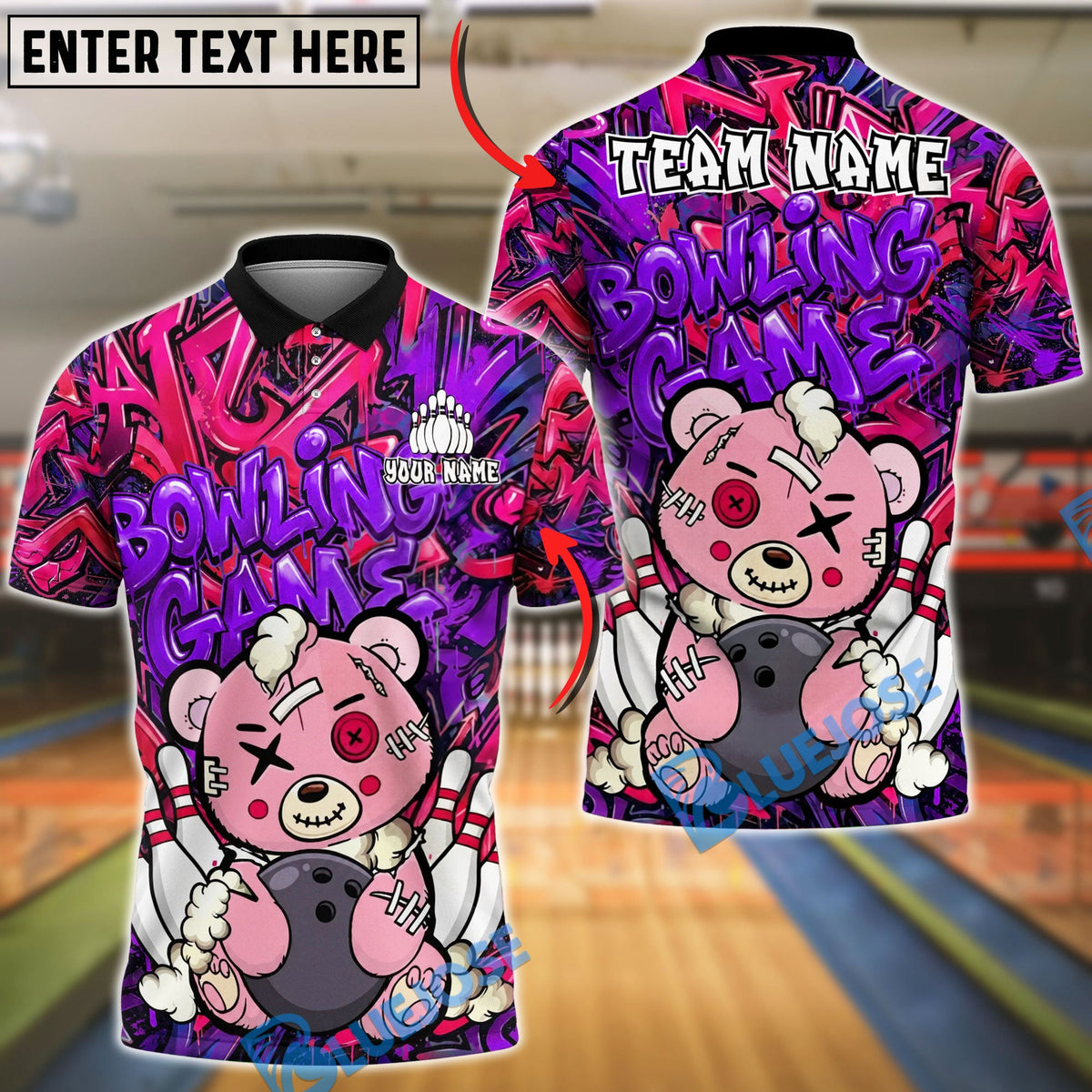BlueJose Bowling And Pins Cute Horror Bear Graffiti Customized Name, Team Name 3D Shirt (4 Colors)