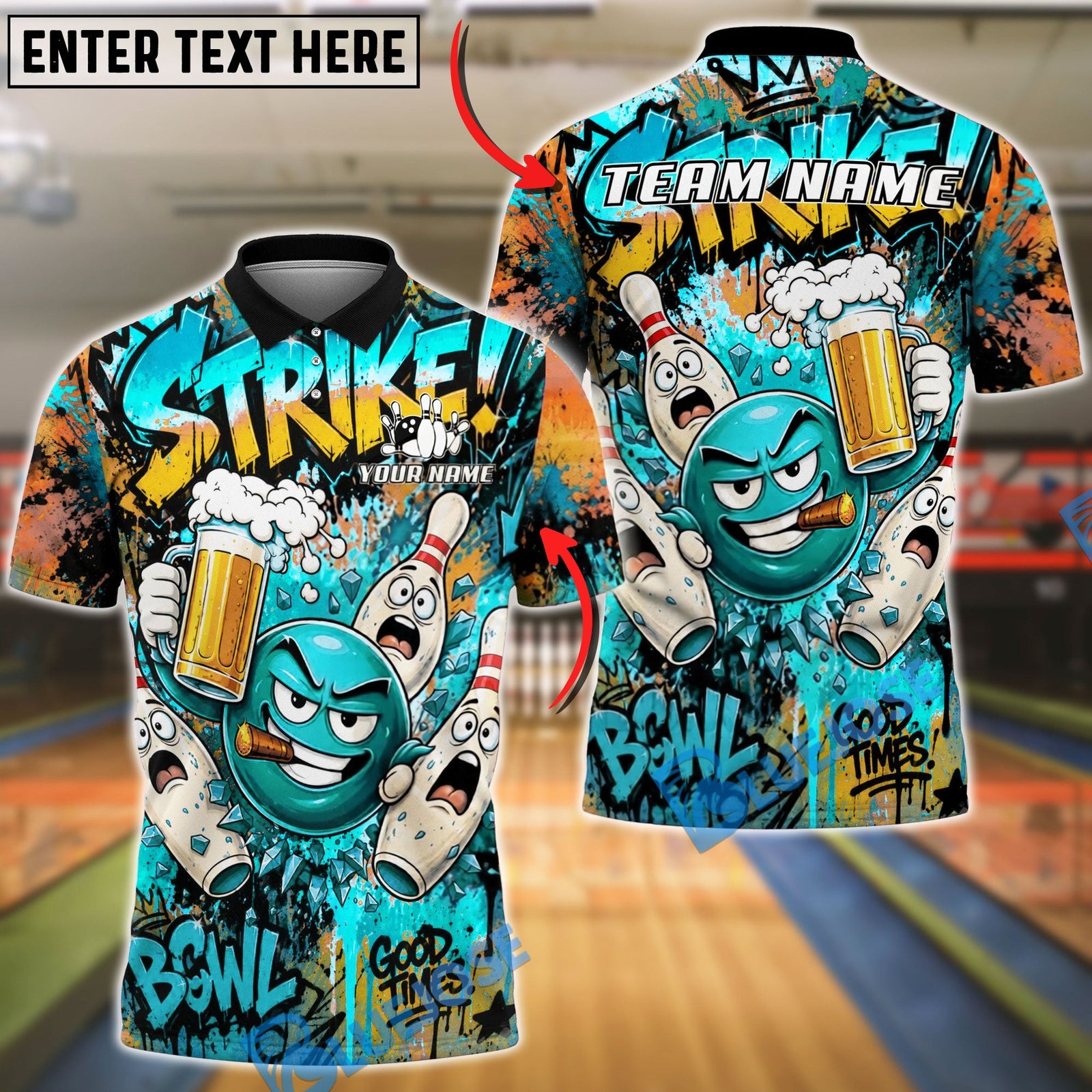 BlueJose Bowling And Pins Strike Boom Good Time Cartoon Beer Party Customized Name, Team Name 3D Shirt (4 Colors)