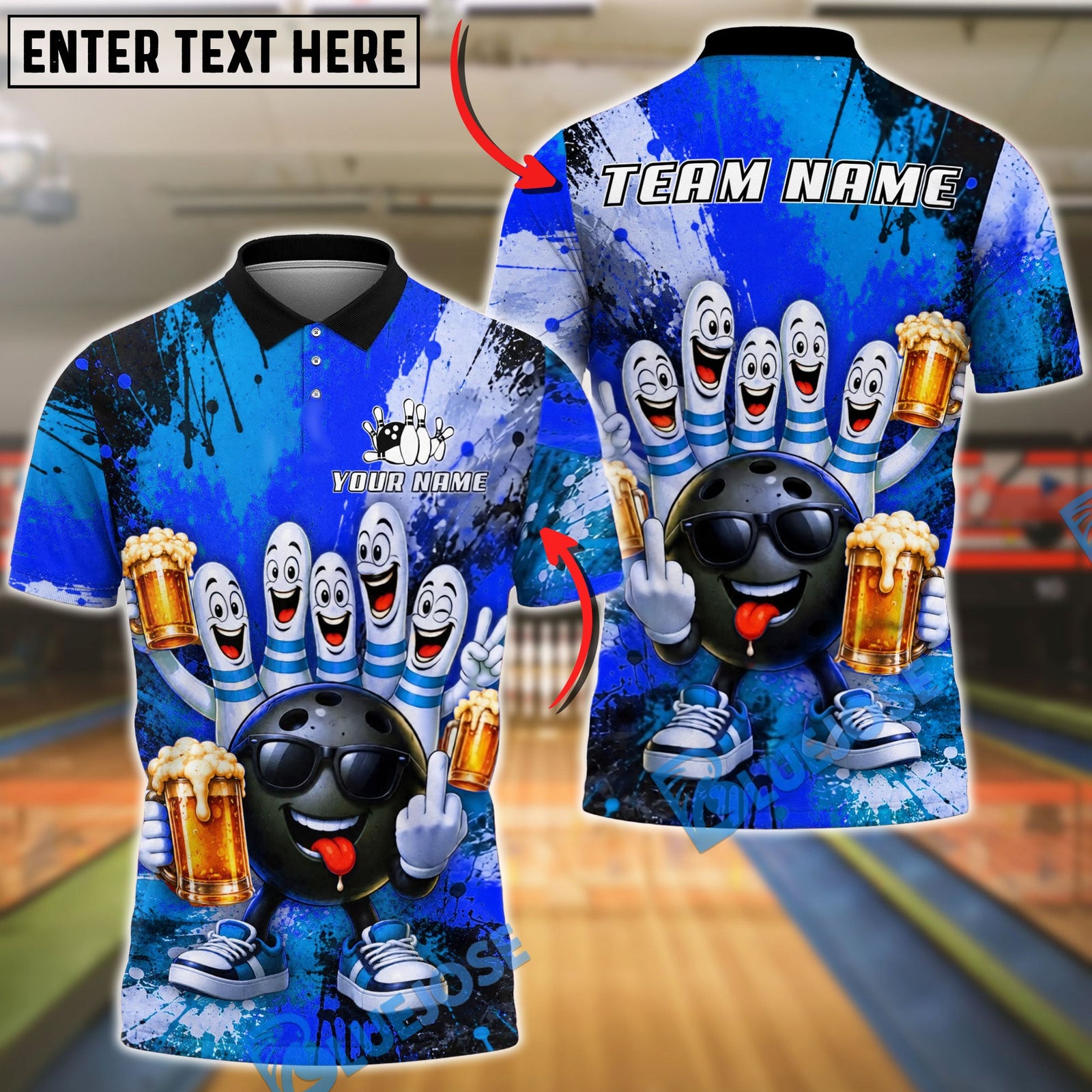 BlueJose Bowling And Pins Bad Attitude Cartoon Beer Party Gang Customized Name, Team Name 3D Shirt (4 Colors)