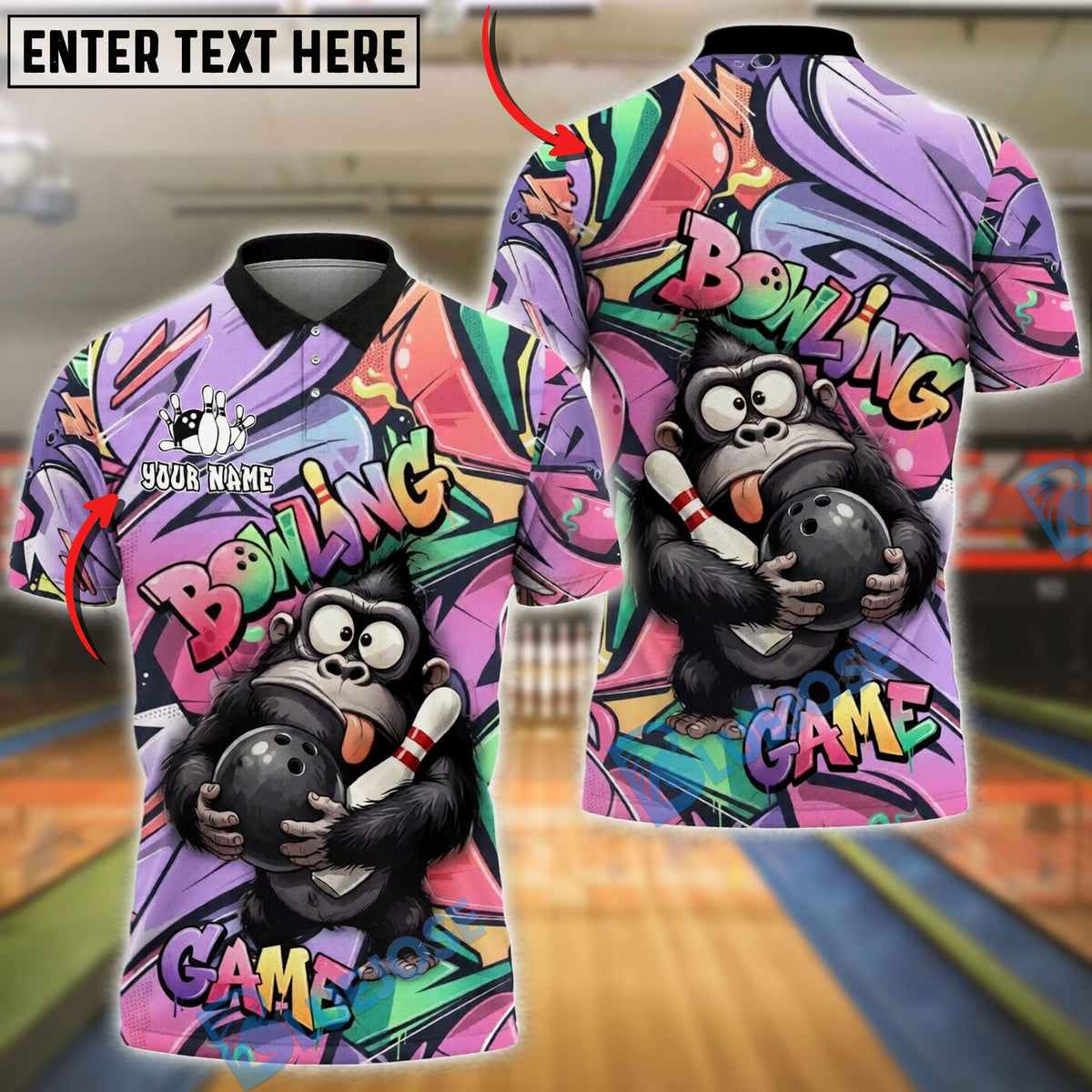 BlueJose Bowling And Pins Funny Gorilla Graffiti Customized Name, Team Name 3D Shirt (4 Colors)