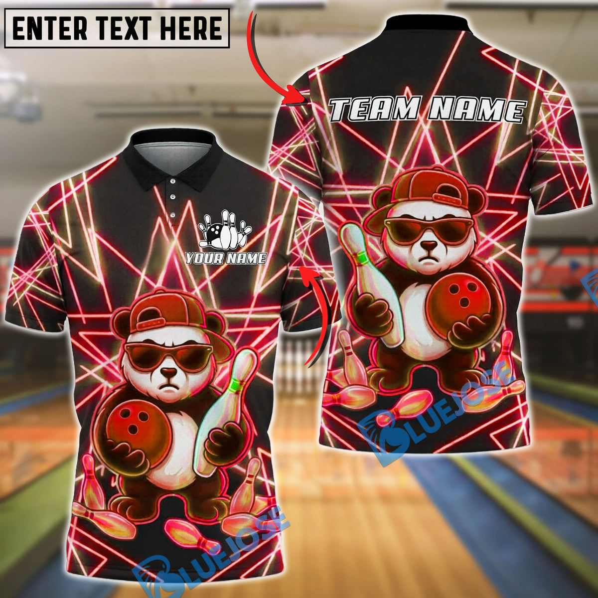 BlueJose Bowling And Pins Neon Cool Panda Customized Name, Team Name 3D Shirt (4 Colors)