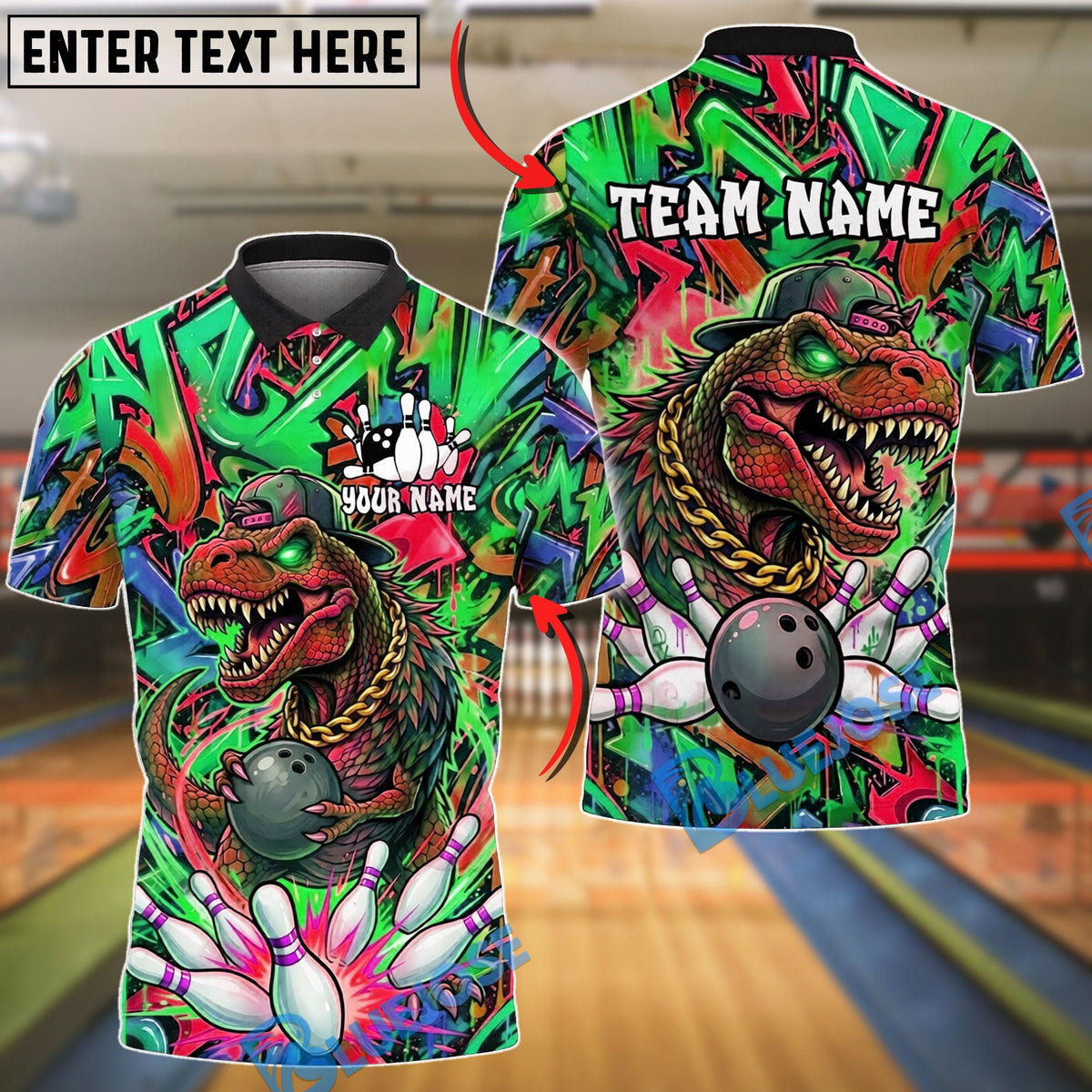 BlueJose Bowling And Pins Dinosaur Graffiti Street Art Customized Name, Team Name 3D Shirt (4 Colors)