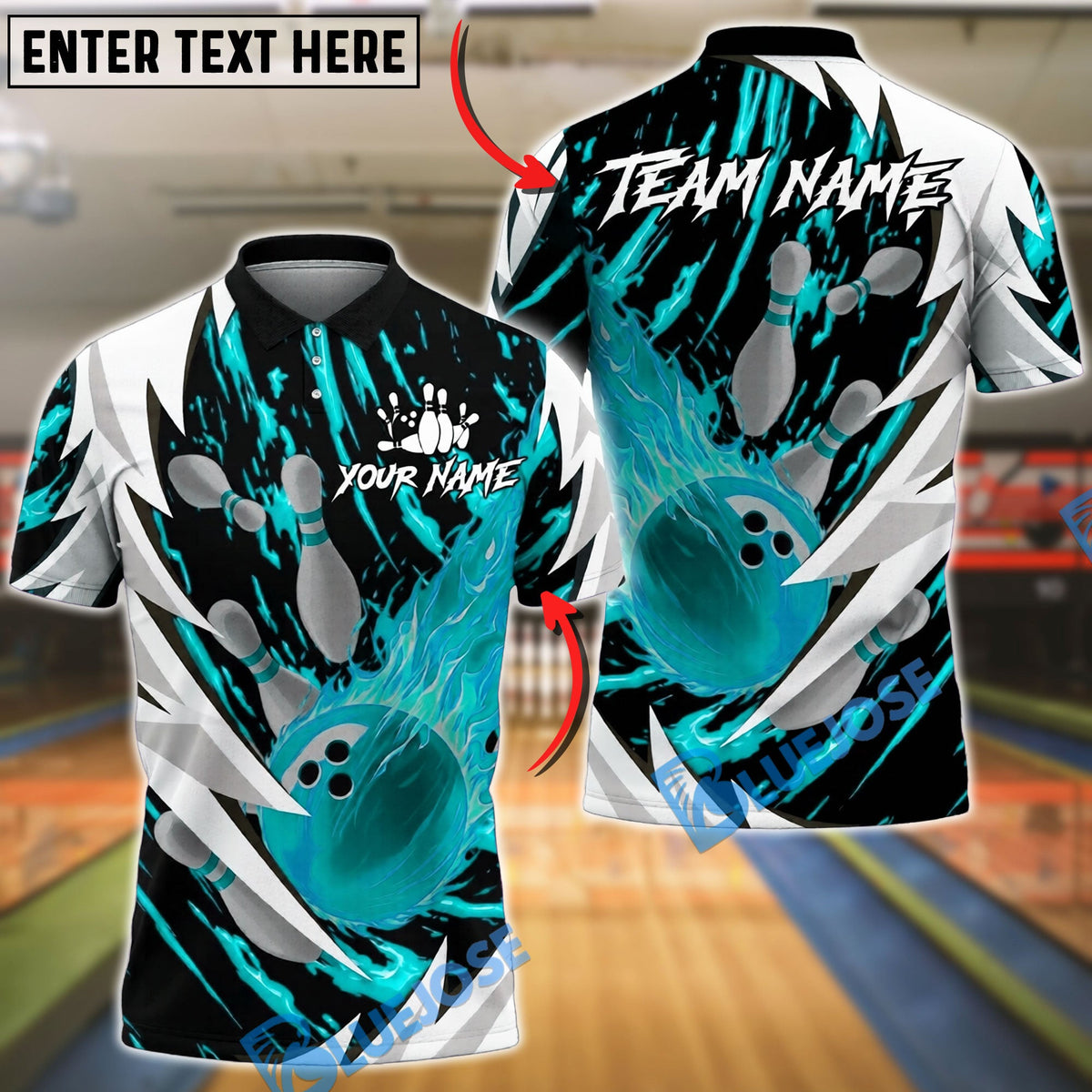 BlueJose Bowling And Pins Flaming Strike Lightning Silver Customized Name, Team Name 3D Shirt (4 Colors)
