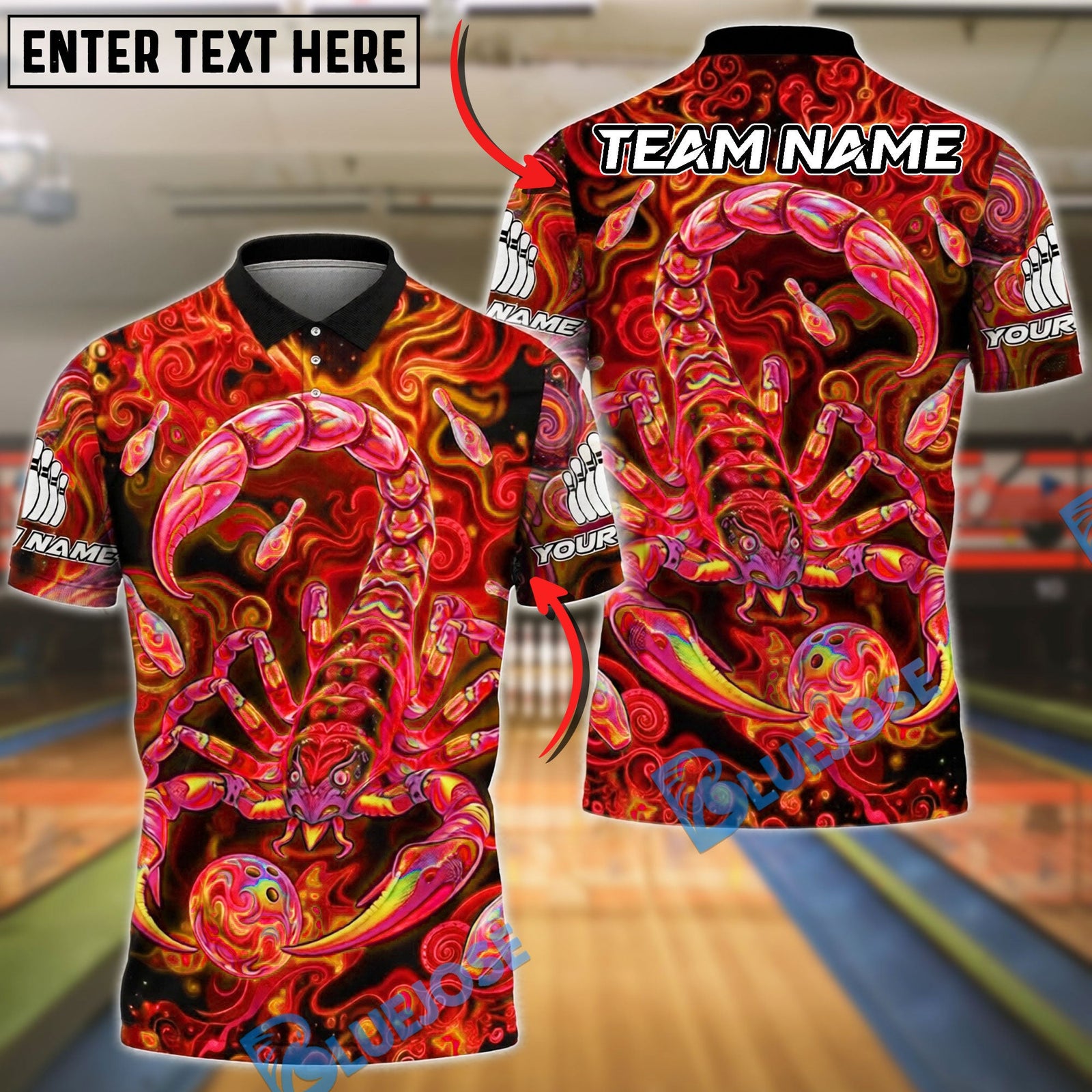 BlueJose Bowling And Pins Scorpion Psychedelic Neon Customized Name, Team Name 3D Shirt (4 Colors)