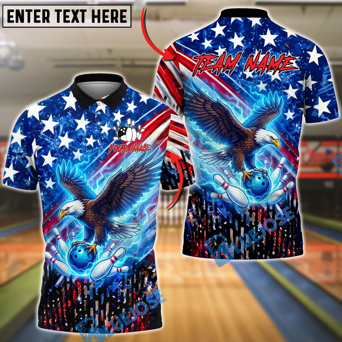 BlueJose Bowling Eagle Blue Aura Patriotic USA Customized Name, Team Name 3D Shirt