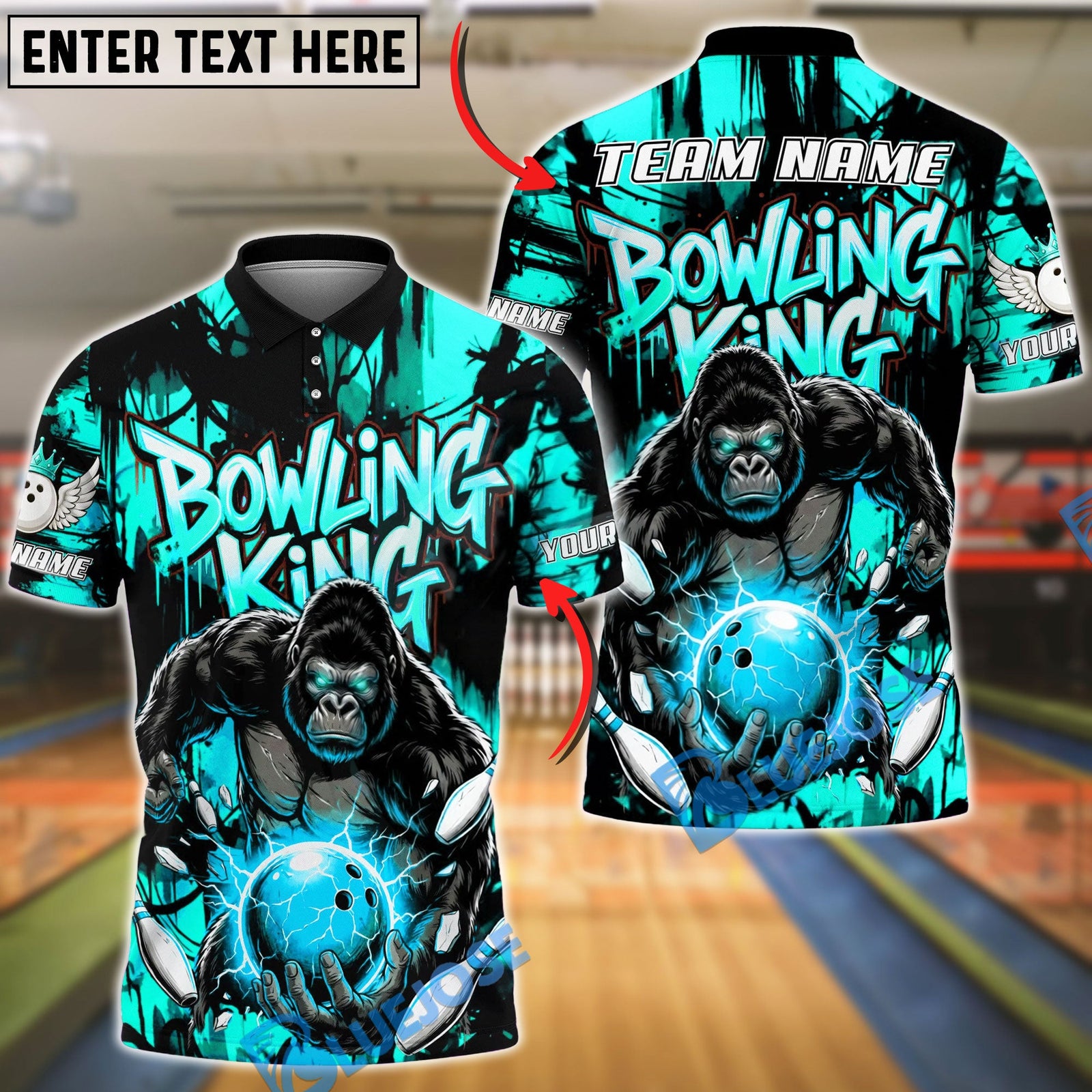 BlueJose Bowling And Pins King Power Gorilla Strike Customized Name, Team Name 3D Shirt (4 Colors)