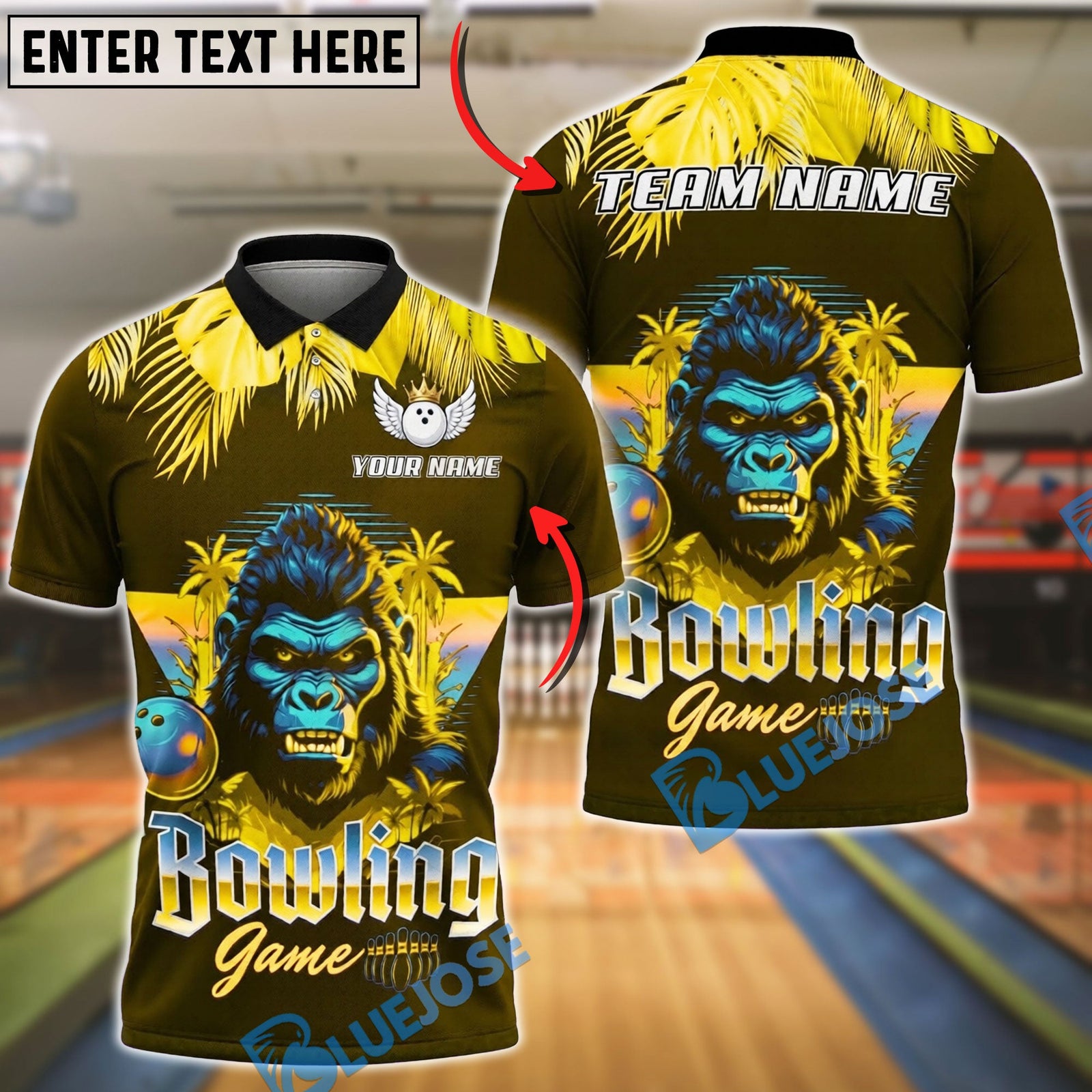 BlueJose Bowling And Pins Synthwave Gorilla Retro Neon Customized Name, Team Name 3D Shirt (6 Colors)