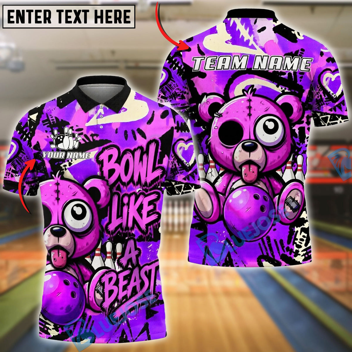 BlueJose Bowling And Pins Graffiti Bear Bowl Like A Beast Customized Name, Team Name 3D Shirt (4 Colors)