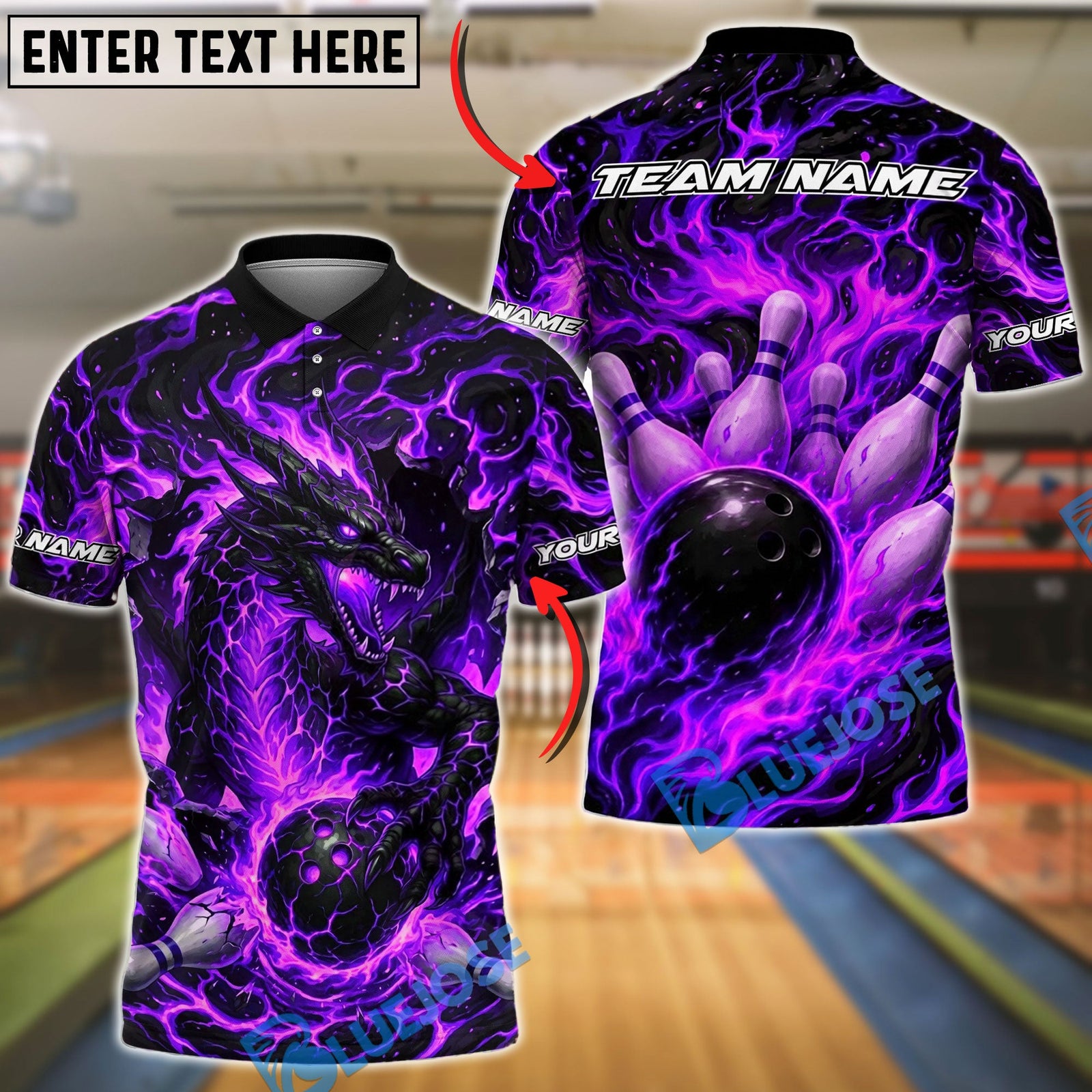 BlueJose Bowling And Pins Fierce Magma Dragon Flaming Strike Customized Name, Team Name 3D Shirt (4 Colors)